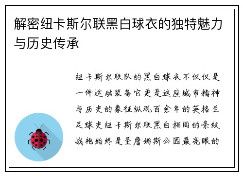 解密纽卡斯尔联黑白球衣的独特魅力与历史传承